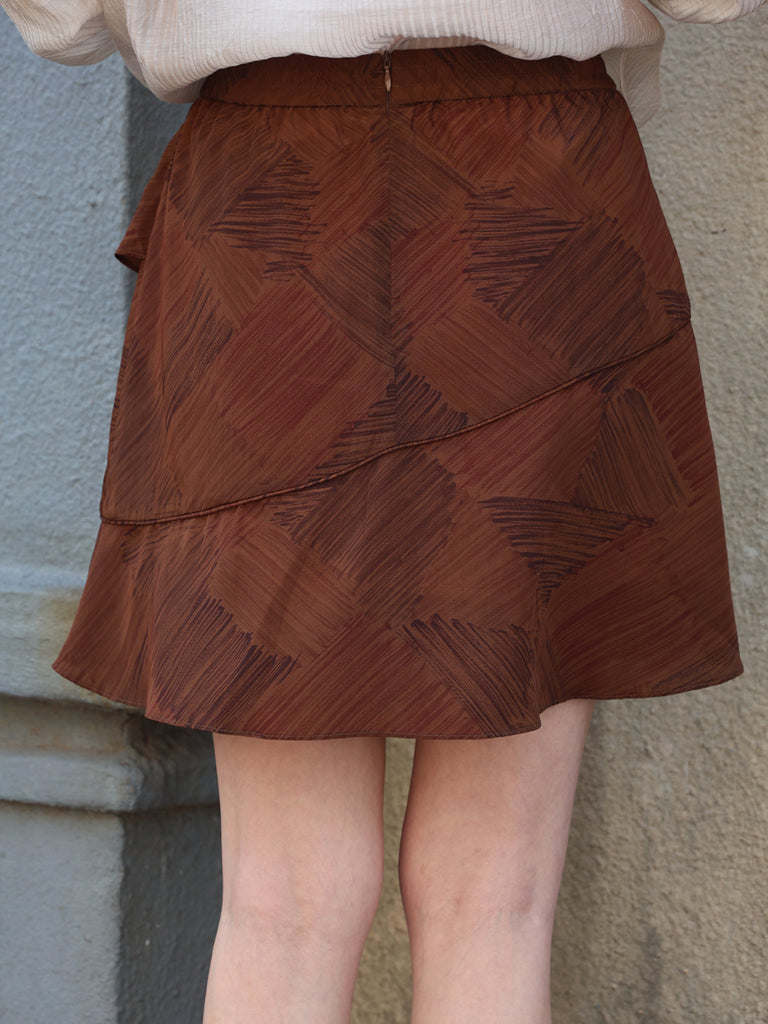 Earthy Brushstroke Tiered Ruffle Elastic Waist Short Skirt