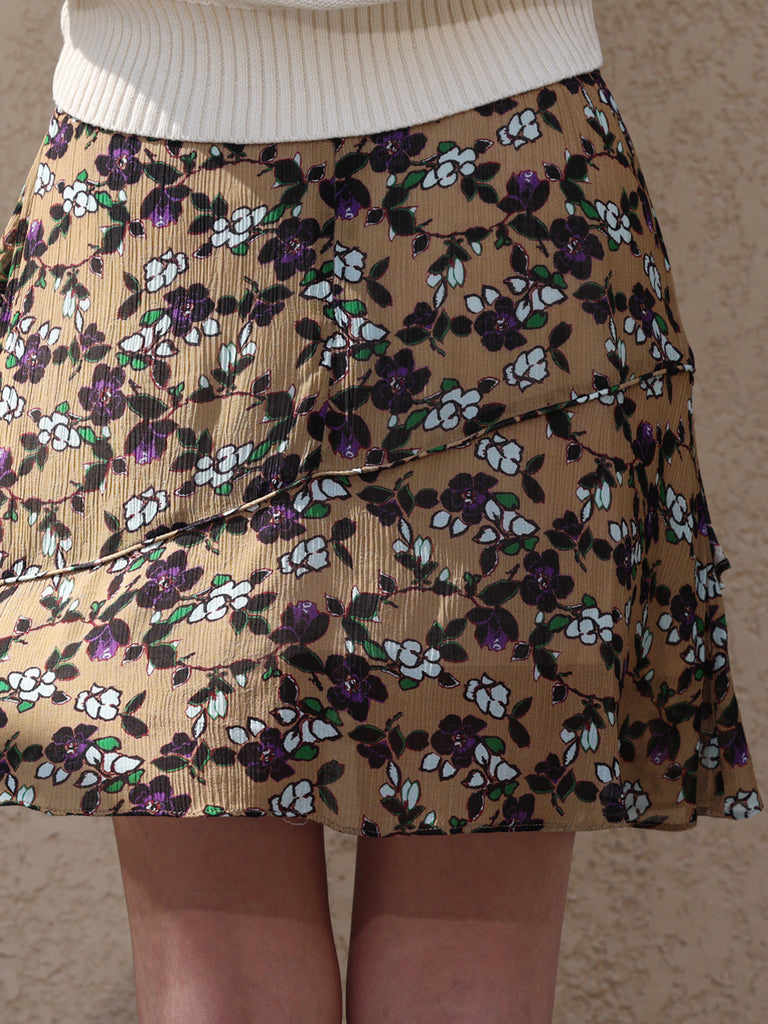 Vintage Beige Floral Tiered Ruffle Elastic Waist Short Skirt