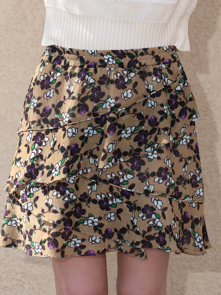 Vintage Beige Floral Tiered Ruffle Elastic Waist Short Skirt