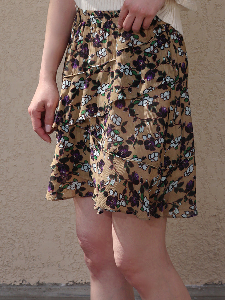 Vintage Beige Floral Tiered Ruffle Elastic Waist Short Skirt