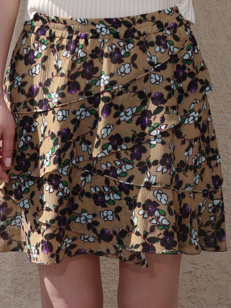 Vintage Beige Floral Tiered Ruffle Elastic Waist Short Skirt