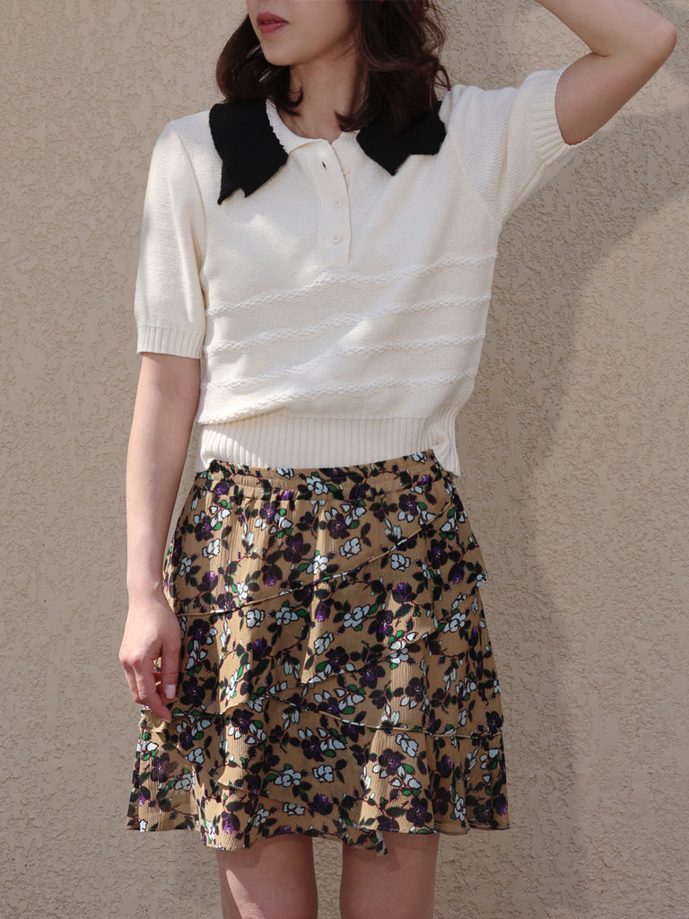 Vintage Beige Floral Tiered Ruffle Elastic Waist Short Skirt