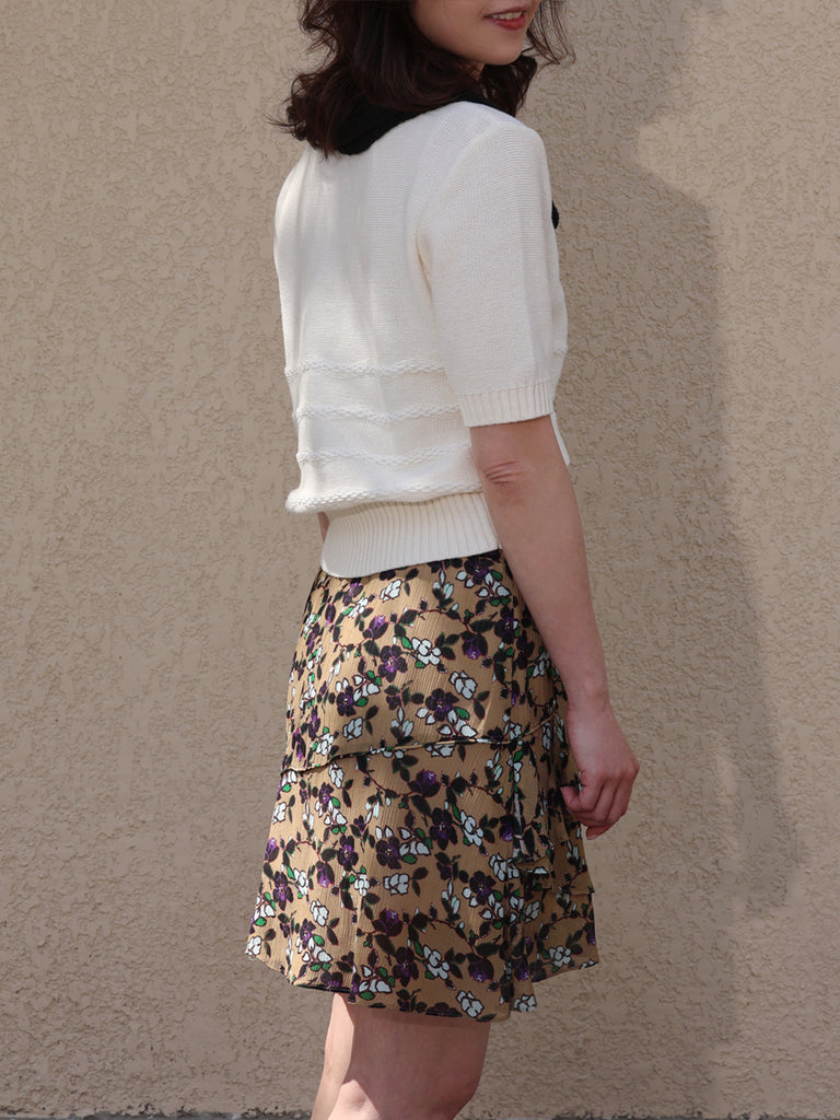 Vintage Beige Floral Tiered Ruffle Elastic Waist Short Skirt