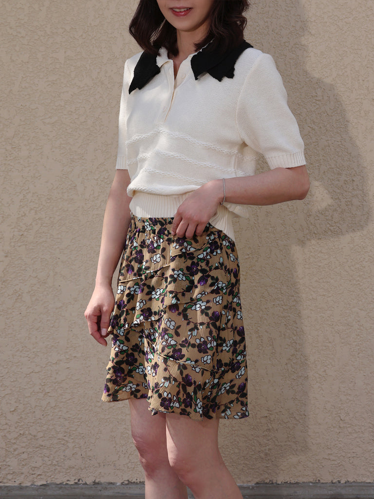 Vintage Beige Floral Tiered Ruffle Elastic Waist Short Skirt