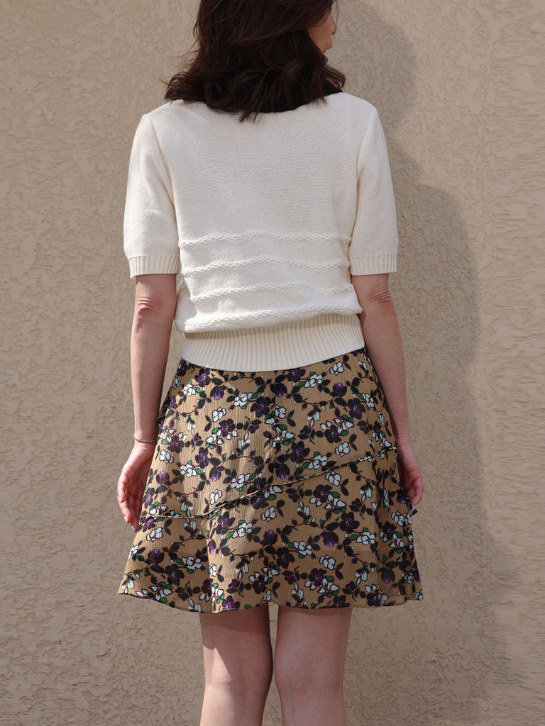 Vintage Beige Floral Tiered Ruffle Elastic Waist Short Skirt