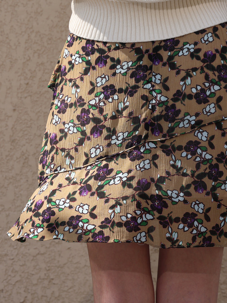 Vintage Beige Floral Tiered Ruffle Elastic Waist Short Skirt