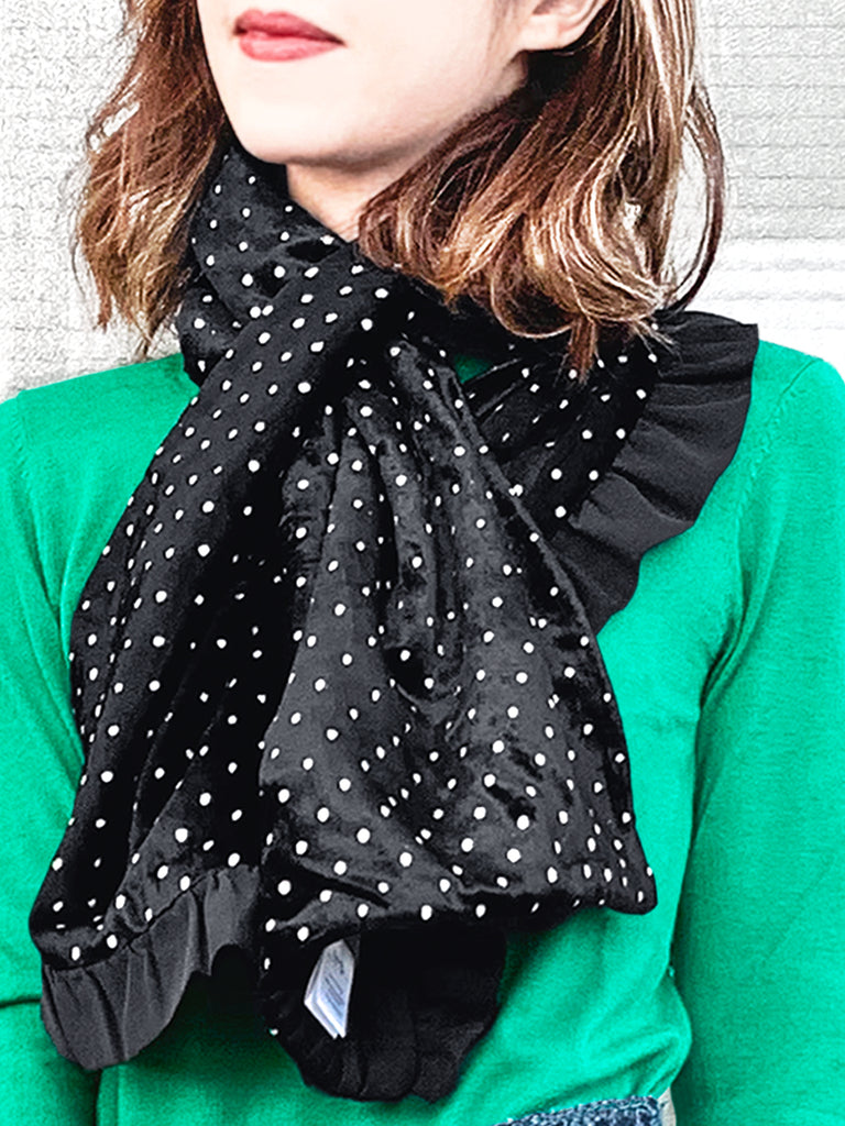 Surprise Sale! Reversible Velvet Dots & Embossed Houndstooth Ruffle Trim Pull Through Scarf
