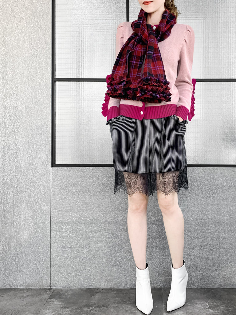 Surprise Sale! Red Plaid Pleated Ruffle Trim Check Woollen Scarf