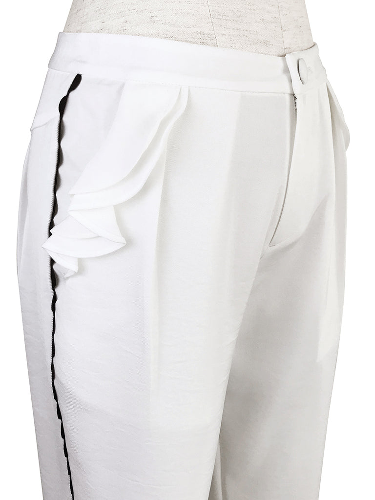 SPECIAL! White Ruffle Pocket Scallop Side Trim Trousers