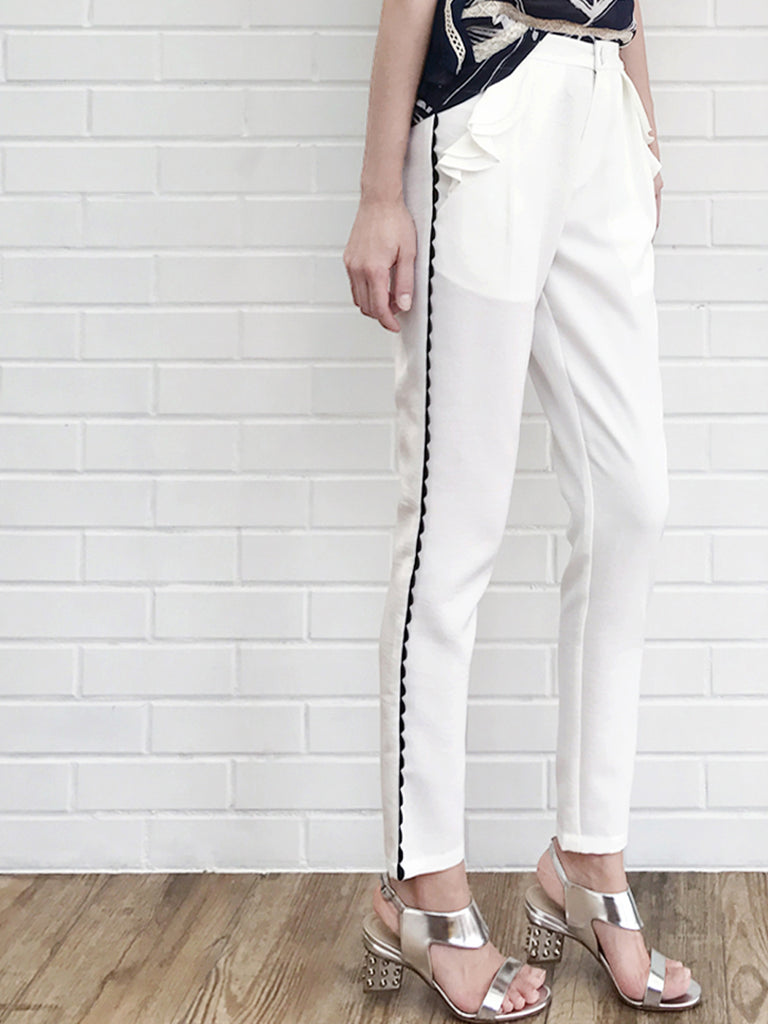 SPECIAL! White Ruffle Pocket Scallop Side Trim Trousers