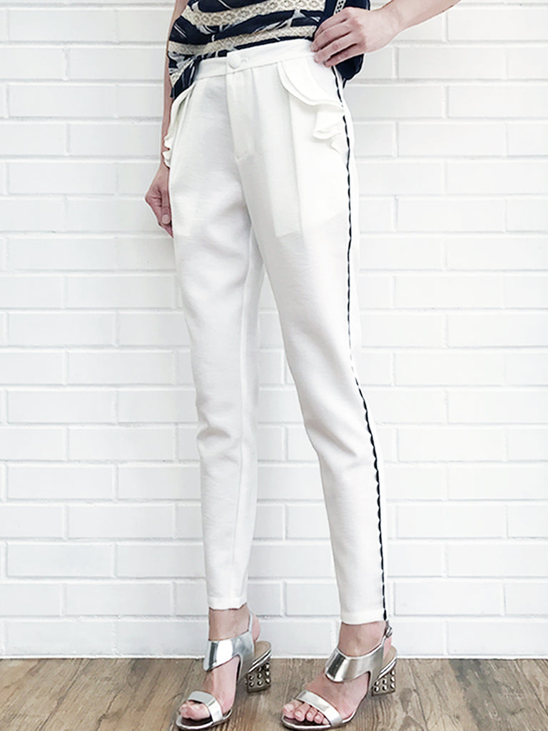SPECIAL! White Ruffle Pocket Scallop Side Trim Trousers