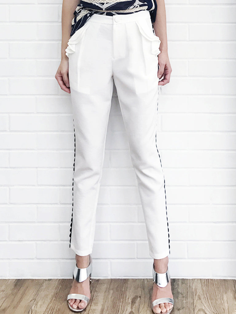 SPECIAL! White Ruffle Pocket Scallop Side Trim Trousers