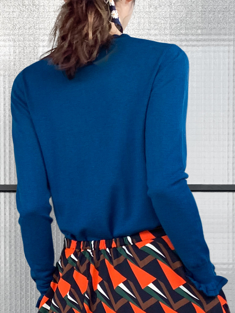 驚喜促銷!藍色扇貝領撞色飾邊羊絨羊毛混紡毛衣