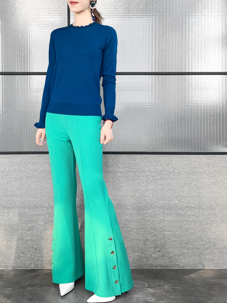 驚喜促銷!藍色扇貝領撞色飾邊羊絨羊毛混紡毛衣