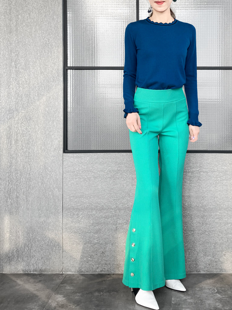 驚喜促銷!藍色扇貝領撞色飾邊羊絨羊毛混紡毛衣