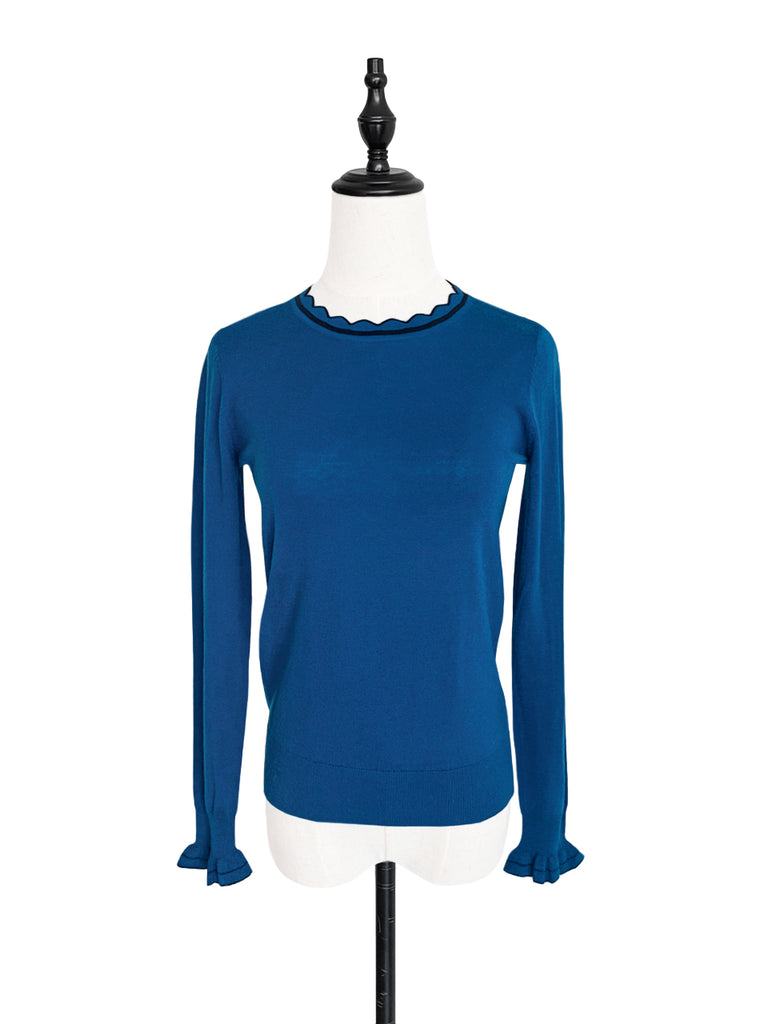 驚喜促銷!藍色扇貝領撞色飾邊羊絨羊毛混紡毛衣