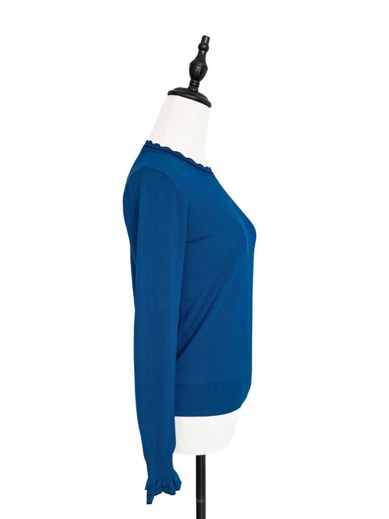 驚喜促銷!藍色扇貝領撞色飾邊羊絨羊毛混紡毛衣