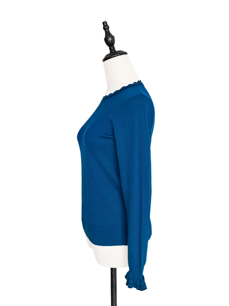 驚喜促銷!藍色扇貝領撞色飾邊羊絨羊毛混紡毛衣