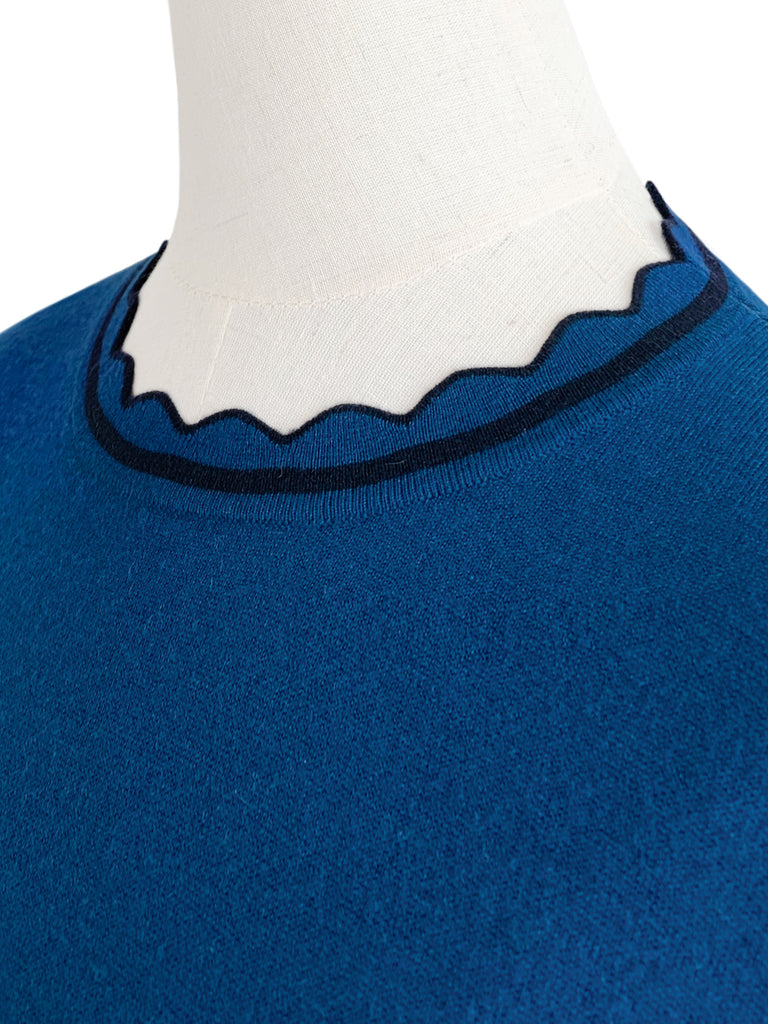 驚喜促銷!藍色扇貝領撞色飾邊羊絨羊毛混紡毛衣