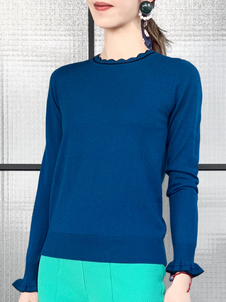 驚喜促銷!藍色扇貝領撞色飾邊羊絨羊毛混紡毛衣