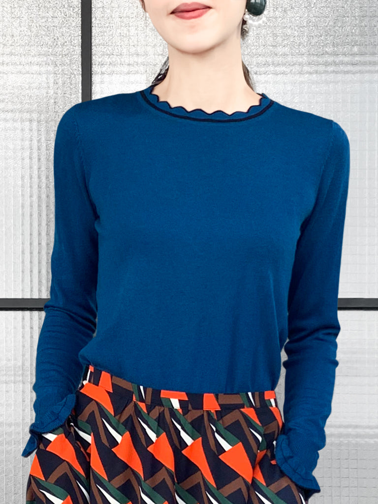 驚喜促銷!藍色扇貝領撞色飾邊羊絨羊毛混紡毛衣