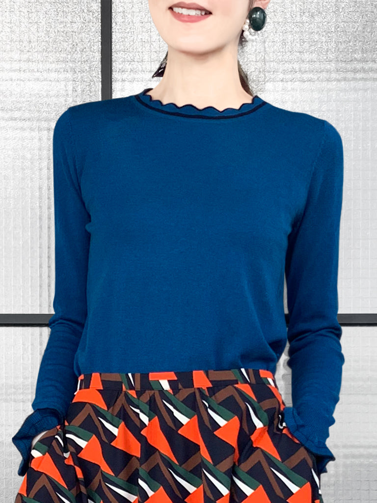 驚喜促銷!藍色扇貝領撞色飾邊羊絨羊毛混紡毛衣