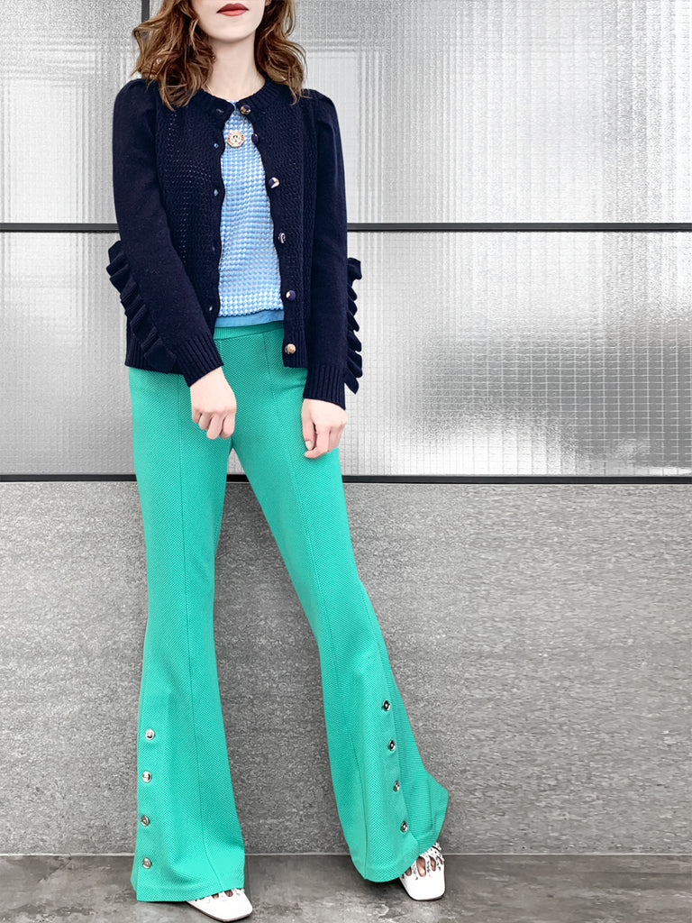 驚喜促銷!深海軍藍扇貝門襟荷葉邊羊毛和羊絨開襟衫