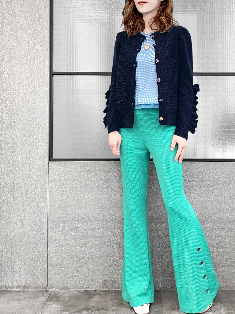 驚喜促銷!深海軍藍扇貝門襟荷葉邊羊毛和羊絨開襟衫