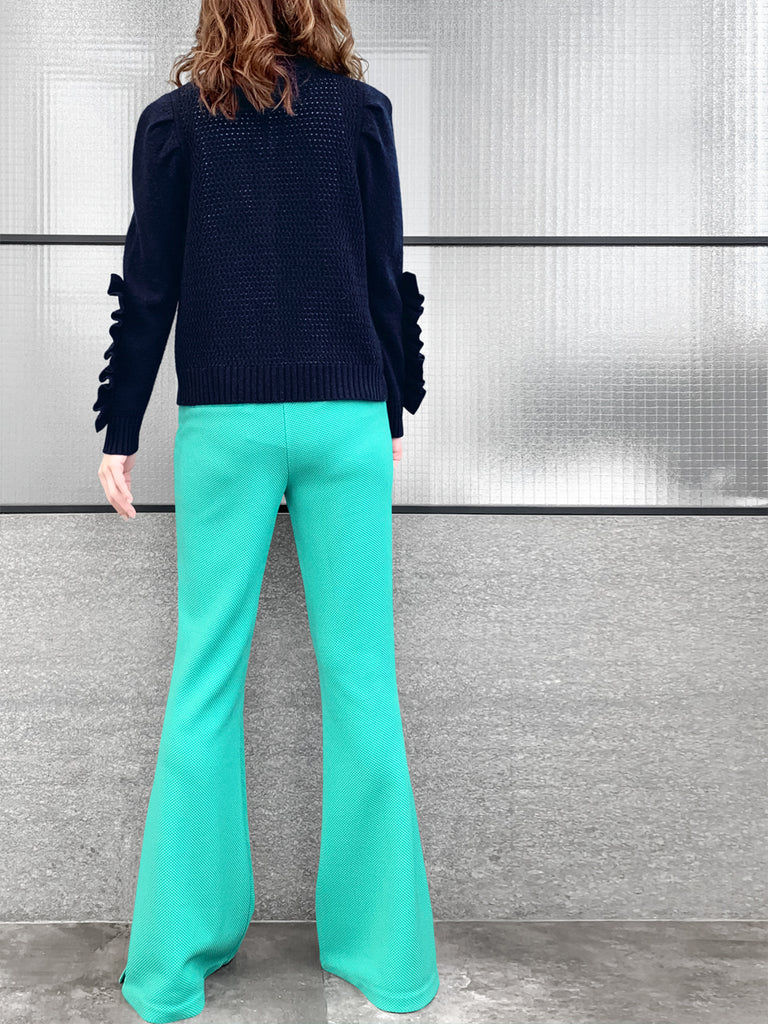 驚喜促銷!深海軍藍扇貝門襟荷葉邊羊毛和羊絨開襟衫