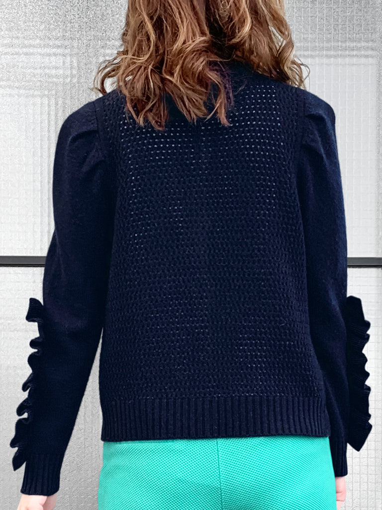 驚喜促銷!深海軍藍扇貝門襟荷葉邊羊毛和羊絨開襟衫