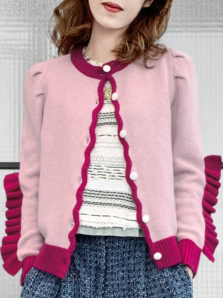 Pinky-Day! Contrast Trim Scallop Placket Ruffle Cuff Cashmere & Wool Cardigan