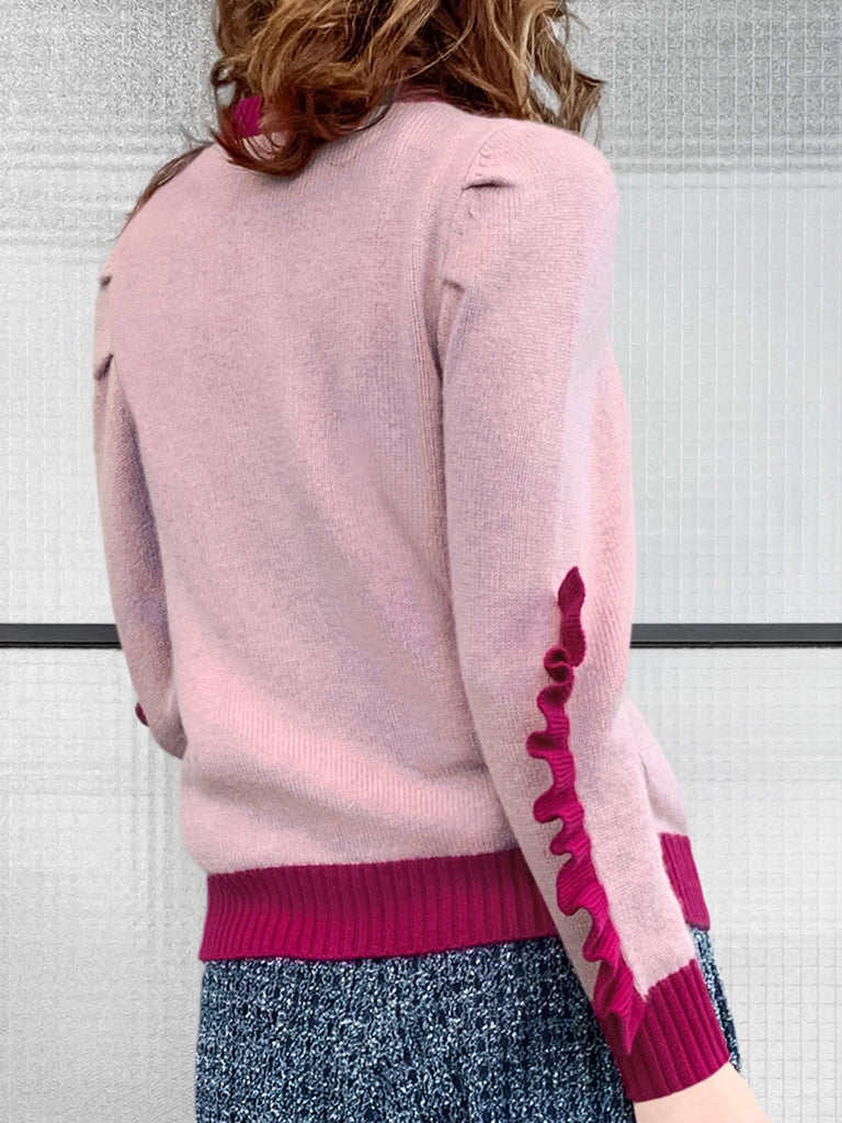 Pinky-Day! Contrast Trim Scallop Placket Ruffle Cuff Cashmere & Wool Cardigan
