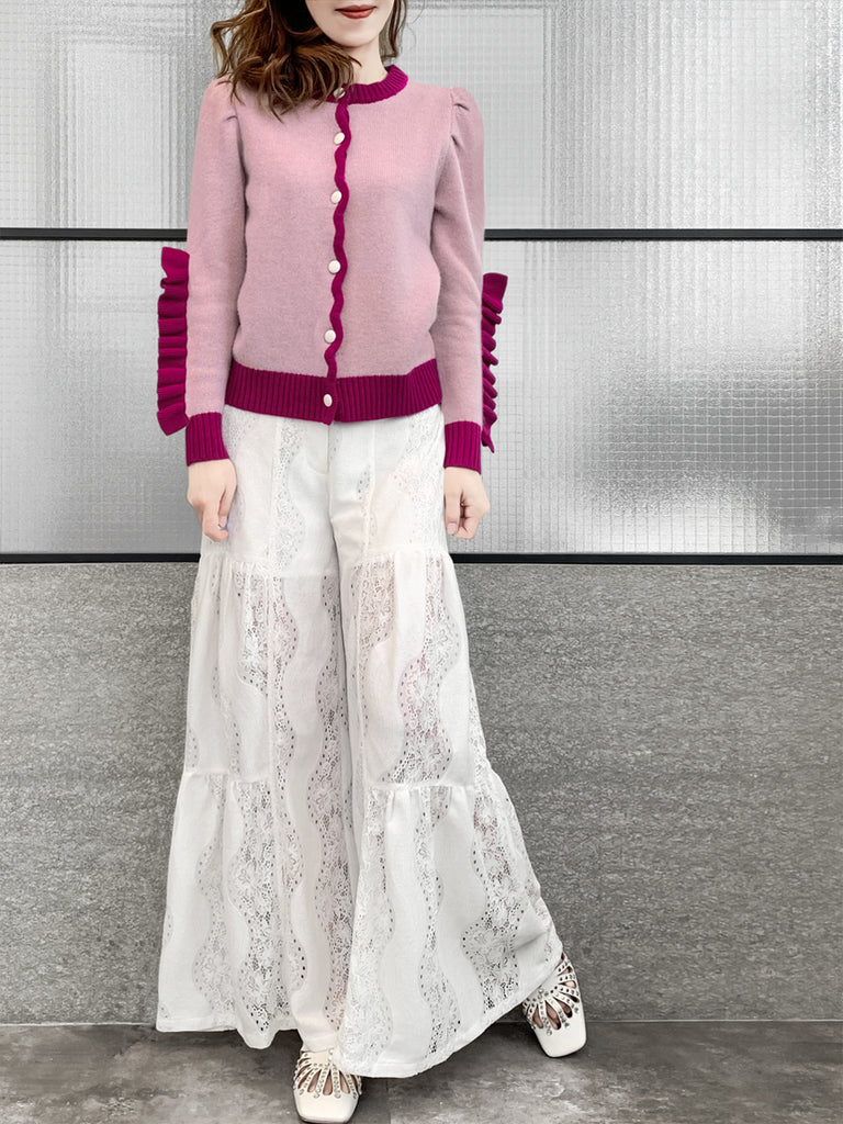 Pinky-Day! Contrast Trim Scallop Placket Ruffle Cuff Cashmere & Wool Cardigan