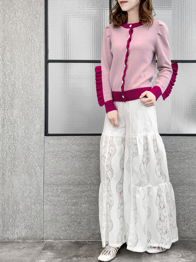 Pinky-Day! Contrast Trim Scallop Placket Ruffle Cuff Cashmere & Wool Cardigan