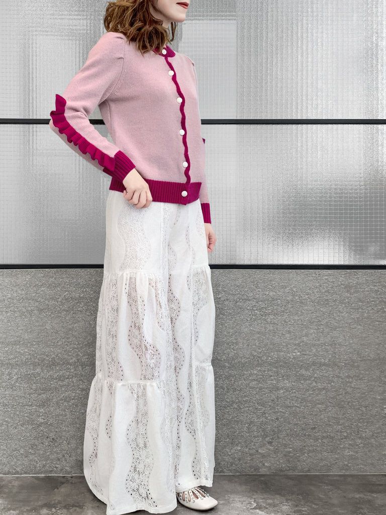 Pinky-Day! Contrast Trim Scallop Placket Ruffle Cuff Cashmere & Wool Cardigan