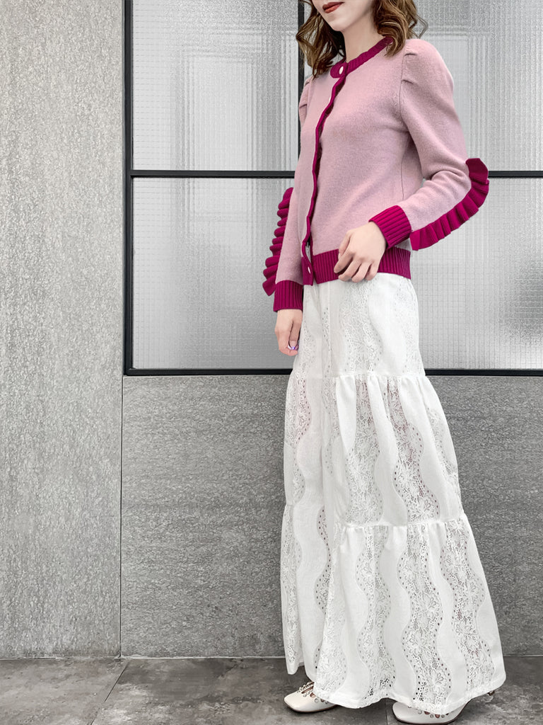 Pinky-Day! Contrast Trim Scallop Placket Ruffle Cuff Cashmere & Wool Cardigan