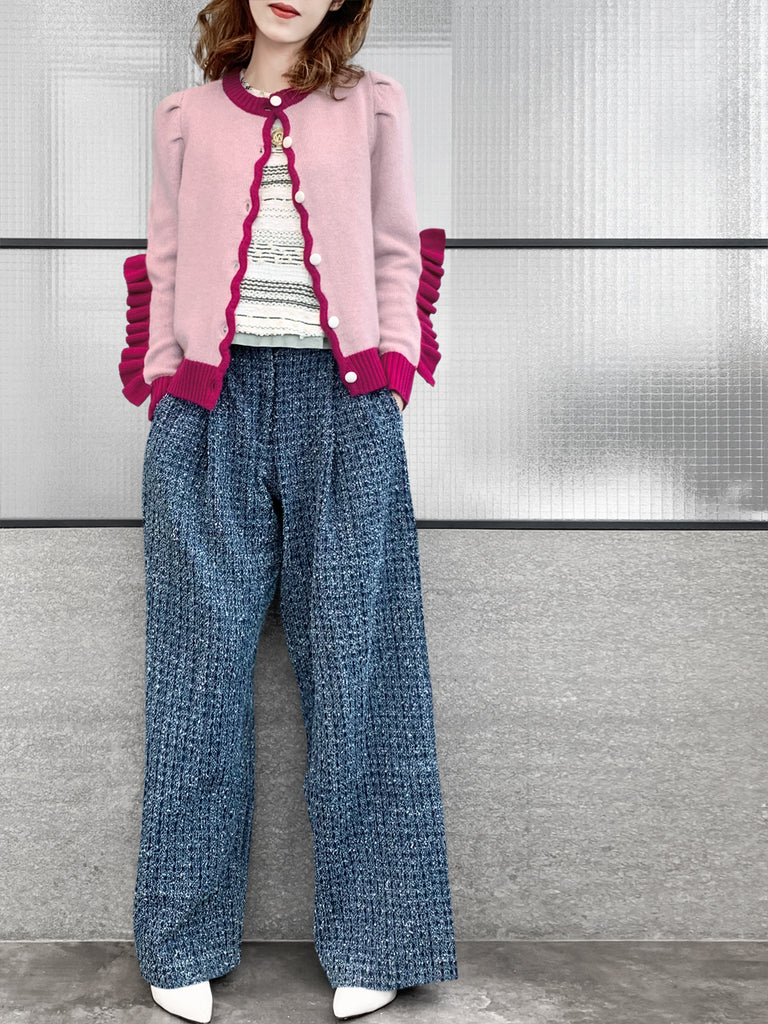 Pinky-Day! Contrast Trim Scallop Placket Ruffle Cuff Cashmere & Wool Cardigan