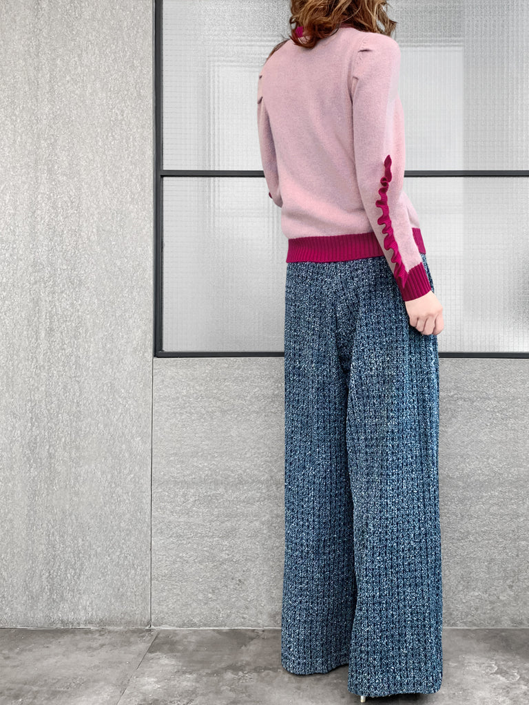 Pinky-Day! Contrast Trim Scallop Placket Ruffle Cuff Cashmere & Wool Cardigan