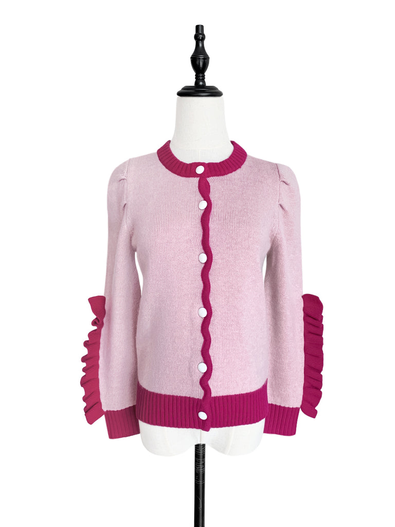 Pinky-Day! Contrast Trim Scallop Placket Ruffle Cuff Cashmere & Wool Cardigan