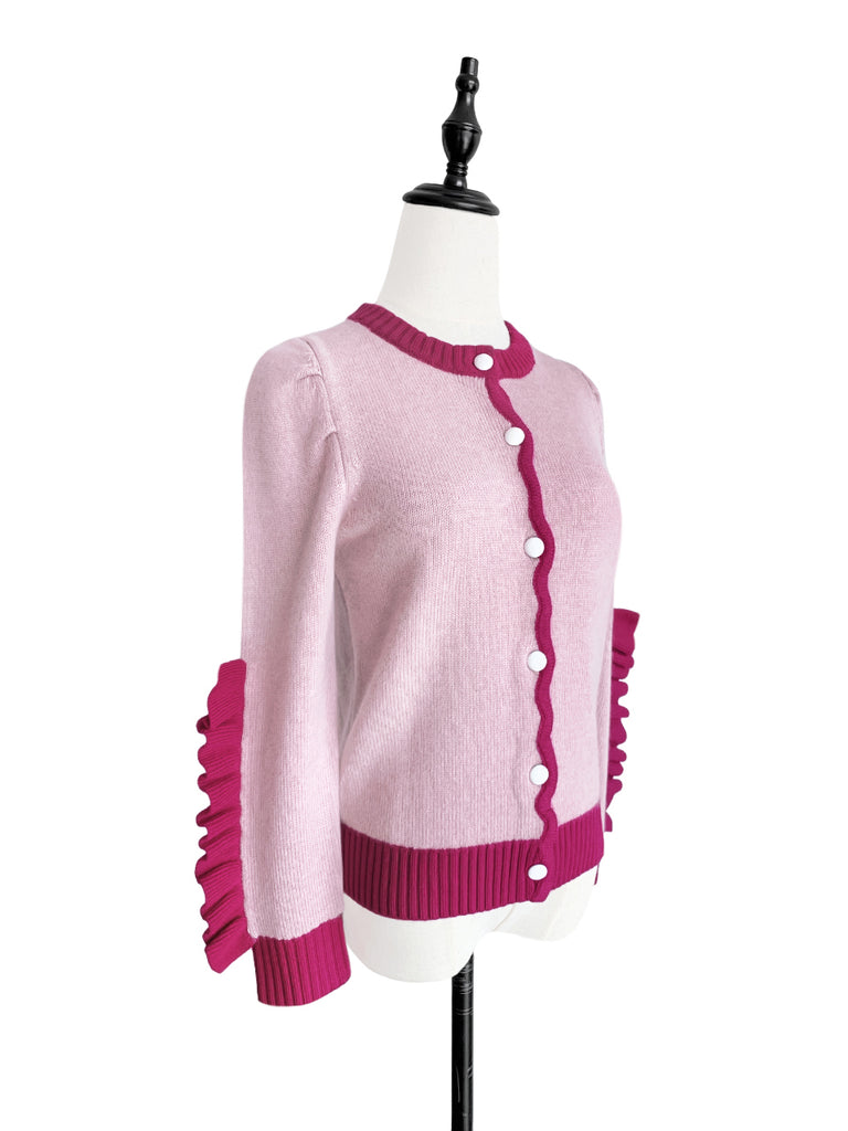 Pinky-Day! Contrast Trim Scallop Placket Ruffle Cuff Cashmere & Wool Cardigan