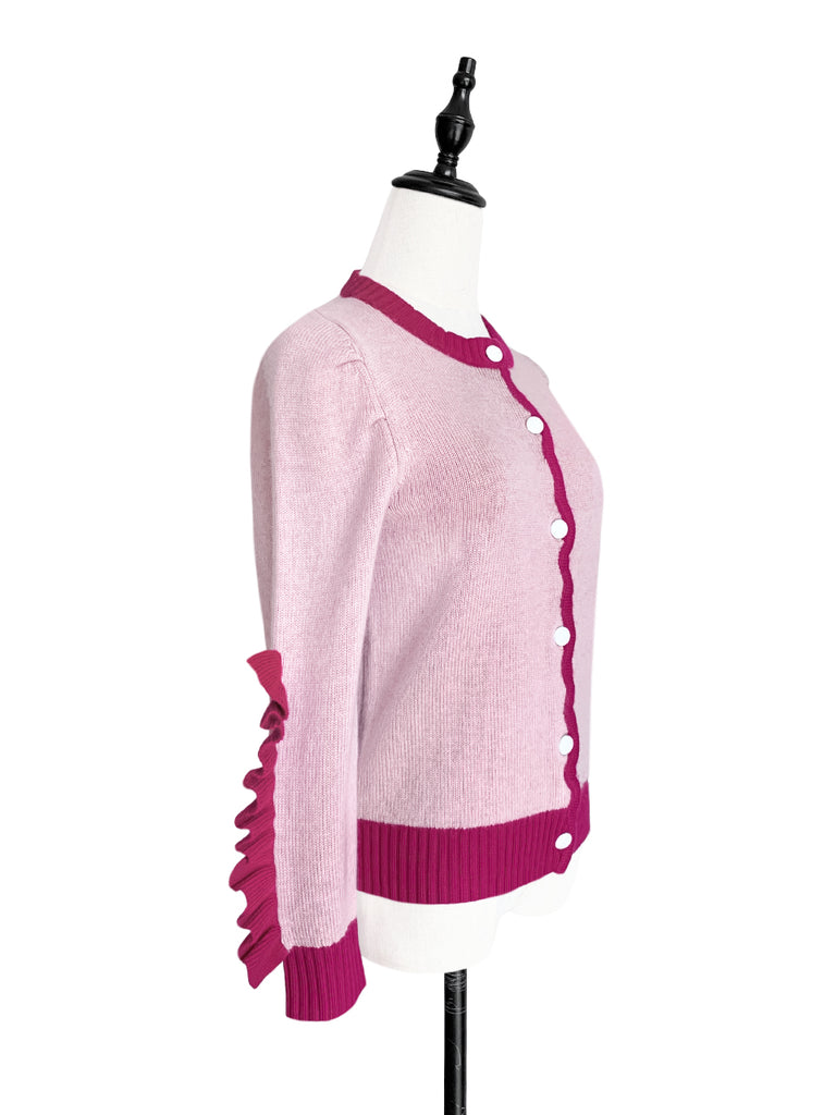 Pinky-Day! Contrast Trim Scallop Placket Ruffle Cuff Cashmere & Wool Cardigan