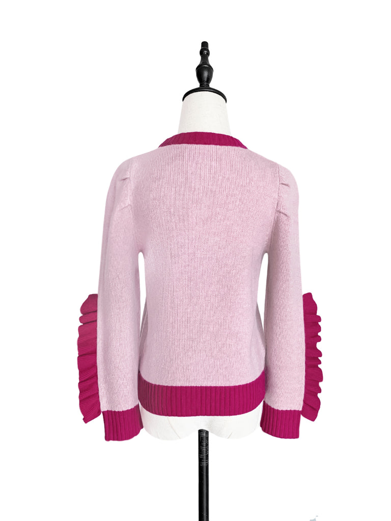 Pinky-Day! Contrast Trim Scallop Placket Ruffle Cuff Cashmere & Wool Cardigan