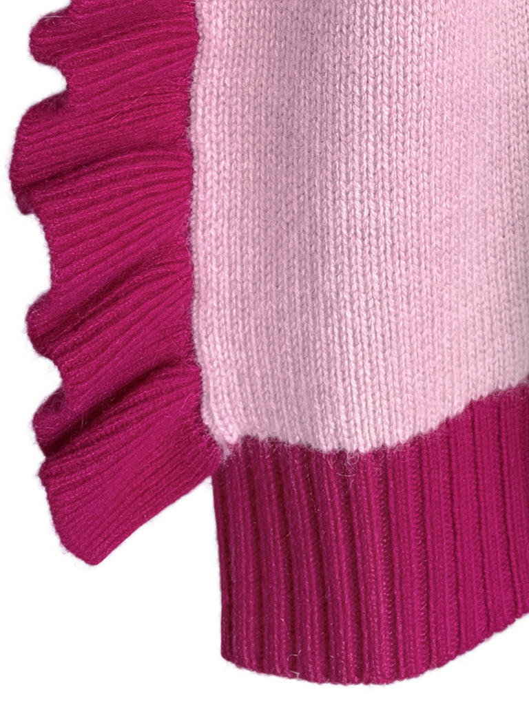 Pinky-Day! Contrast Trim Scallop Placket Ruffle Cuff Cashmere & Wool Cardigan