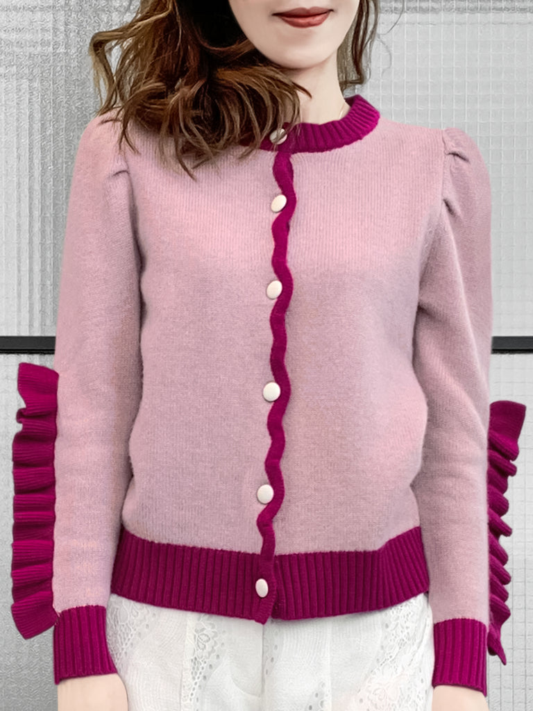 Pinky-Day! Contrast Trim Scallop Placket Ruffle Cuff Cashmere & Wool Cardigan