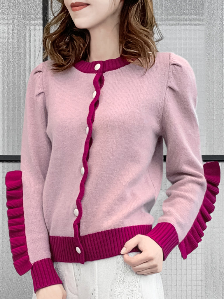 Pinky-Day! Contrast Trim Scallop Placket Ruffle Cuff Cashmere & Wool Cardigan