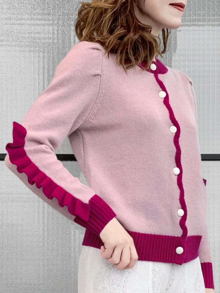 Pinky-Day! Contrast Trim Scallop Placket Ruffle Cuff Cashmere & Wool Cardigan