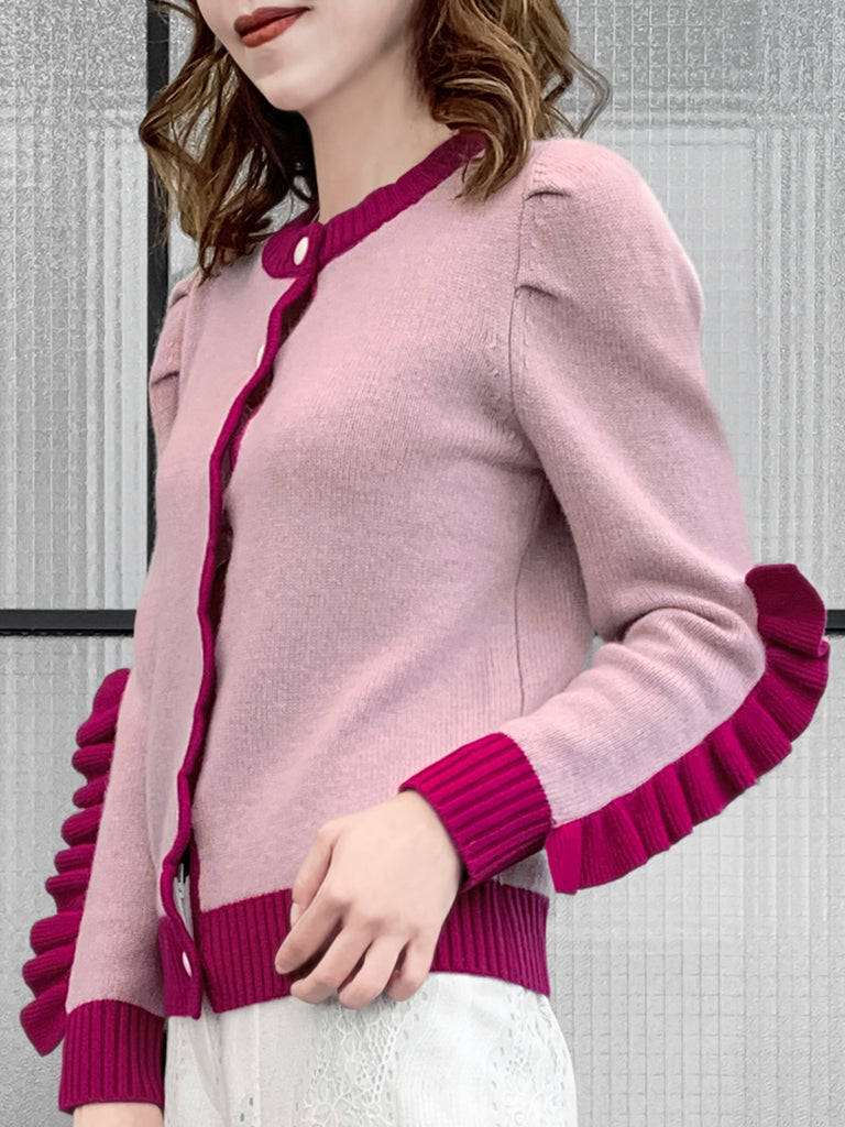 Pinky-Day! Contrast Trim Scallop Placket Ruffle Cuff Cashmere & Wool Cardigan