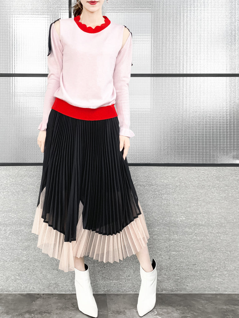 驚喜促銷! Pinky 拼色扇貝領挖肩羊絨混紡毛衣