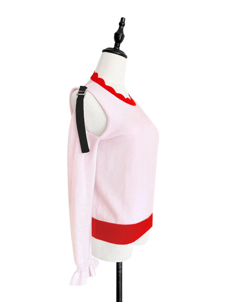 驚喜促銷! Pinky 拼色扇貝領挖肩羊絨混紡毛衣