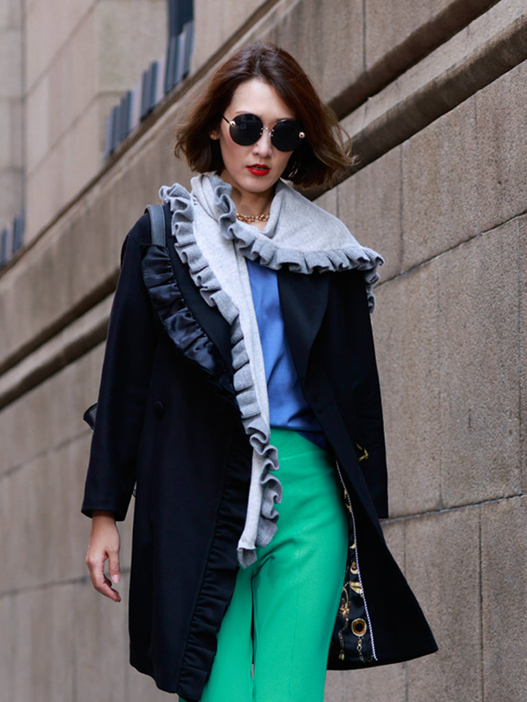 Surprise Sale! Tonal Grey Pleated Frills Wool & Cashmere Ruana - Scarf